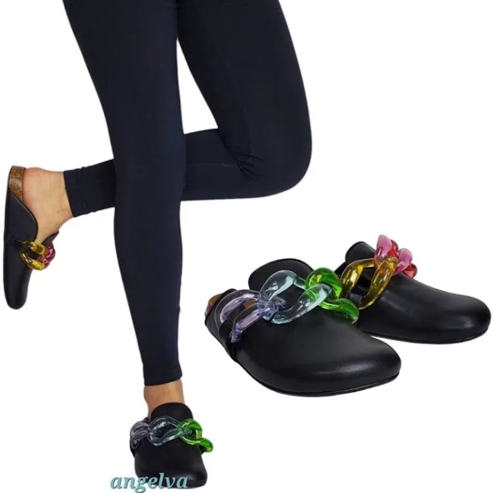 Black Mules with Multicolor Chain Detail